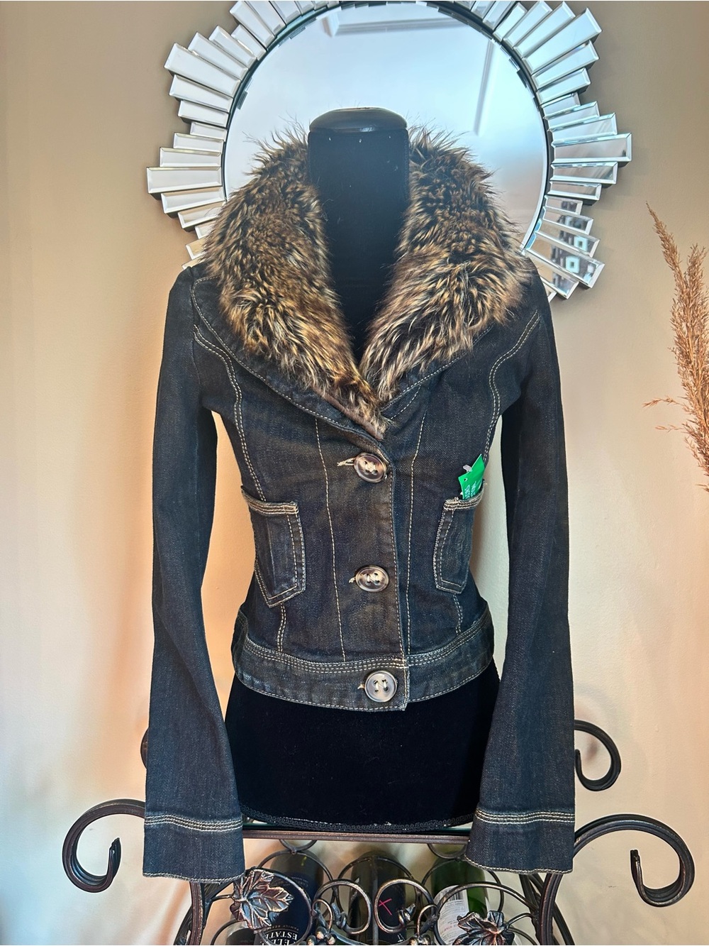 United Colors Of Benetton Dark Indigo Denim Jacket with Faux Fur Collar